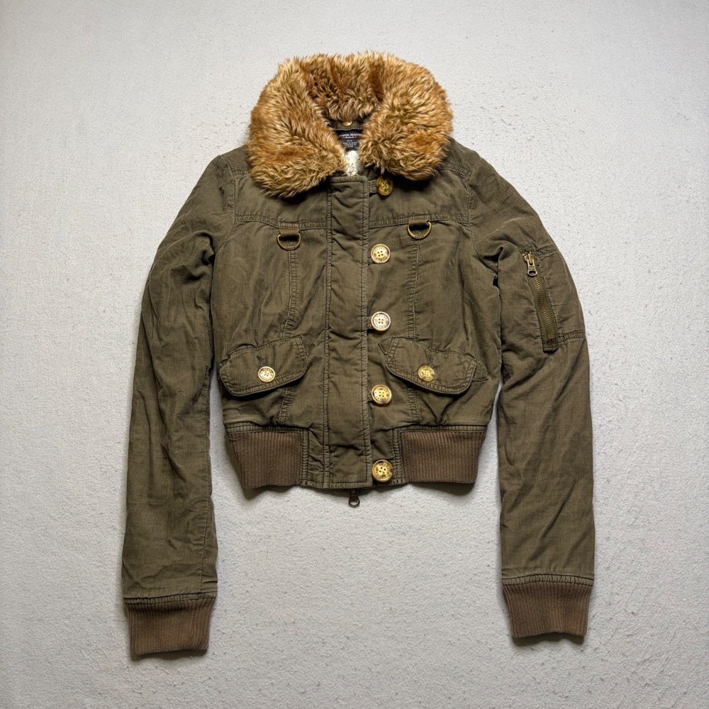 Guess Jacket Womens Medium Green Corduroy Faux Fur Collar Y2K Bomber Utility